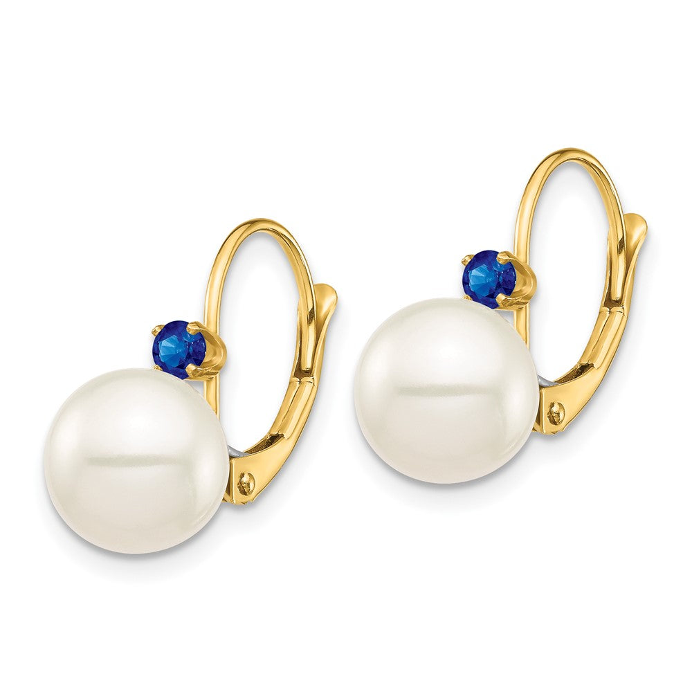 14K Yellow Gold 8 8.5mm White Round Freshwater Cultured Pearl And .18Sa Sapphire Leverback Earrings