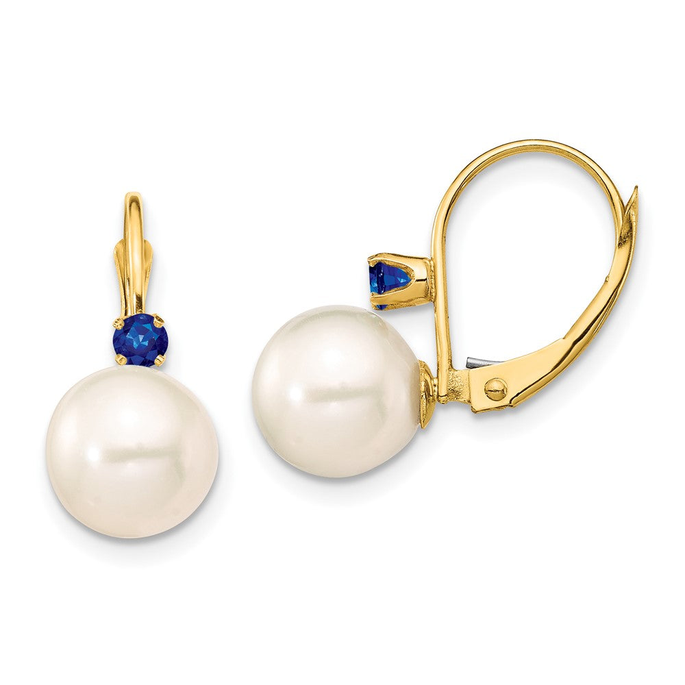 14K Yellow Gold 8 8.5mm White Round Freshwater Cultured Pearl And .18Sa Sapphire Leverback Earrings