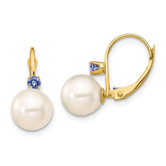 14K Yellow Gold 8 8.5mm White Round Freshwater Cultured Pearl And .14Tz Tanzanite Leverback Earrings