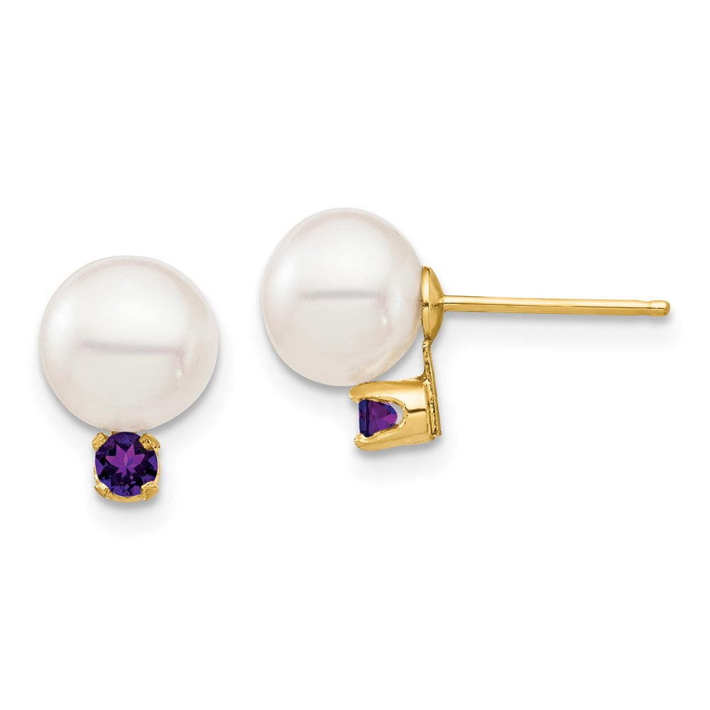 14K Yellow Gold 7 7.5mm White Round Freshwater Cultured Pearl And .14Am Amethyst Post Earrings