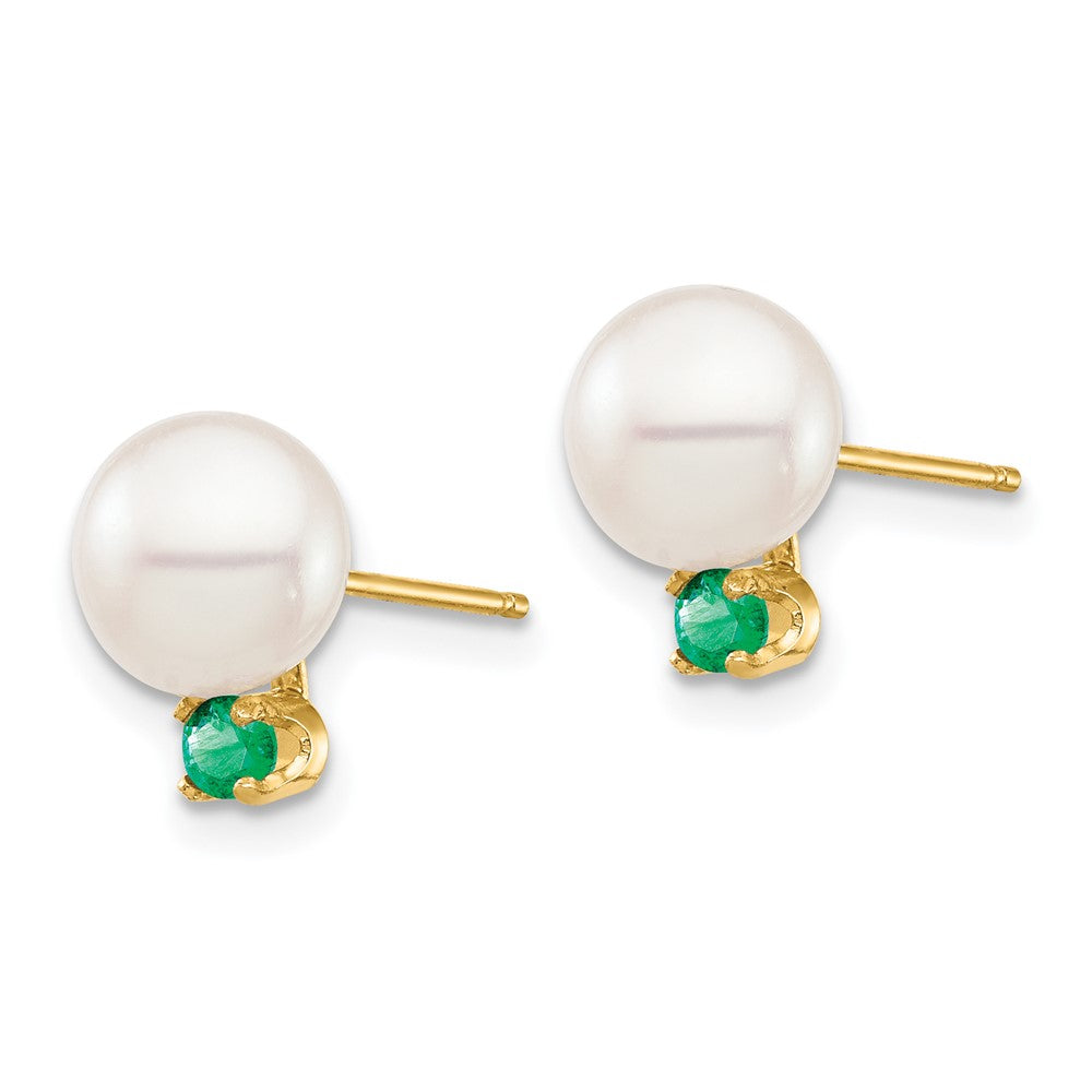 14K Yellow Gold 7 7.5mm White Round Freshwater Cultured Pearl And .18Em Emerald Post Earrings