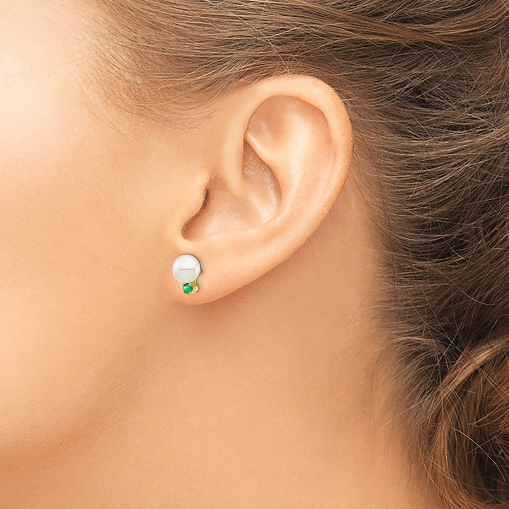 14K Yellow Gold 7 7.5mm White Round Freshwater Cultured Pearl And .18Em Emerald Post Earrings