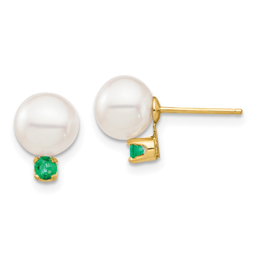 14K Yellow Gold 7 7.5mm White Round Freshwater Cultured Pearl And .18Em Emerald Post Earrings