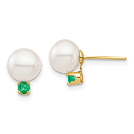14K Yellow Gold 7 7.5mm White Round Freshwater Cultured Pearl And .18Em Emerald Post Earrings