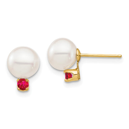 14K Yellow Gold 7 7.5mm White Round Freshwater Cultured Pearl And .18Ru Ruby Post Earrings