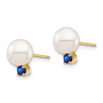 14K Yellow Gold 7 7.5mm White Round Freshwater Cultured Pearl And .18Sa Sapphire Post Earrings