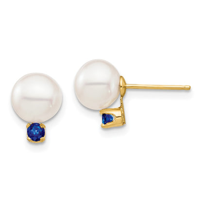 14K Yellow Gold 7 7.5mm White Round Freshwater Cultured Pearl And .18Sa Sapphire Post Earrings