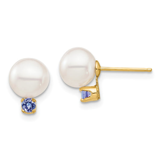 14K Yellow Gold 7 7.5mm White Round Freshwater Cultured Pearl And .14Tz Tanzanite Post Earrings