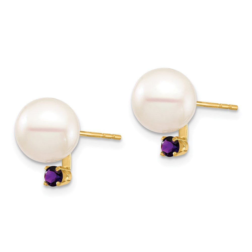 14K Yellow Gold 8 8.5mm White Round Freshwater Cultured Pearl And .14Am Amethyst Post Earrings
