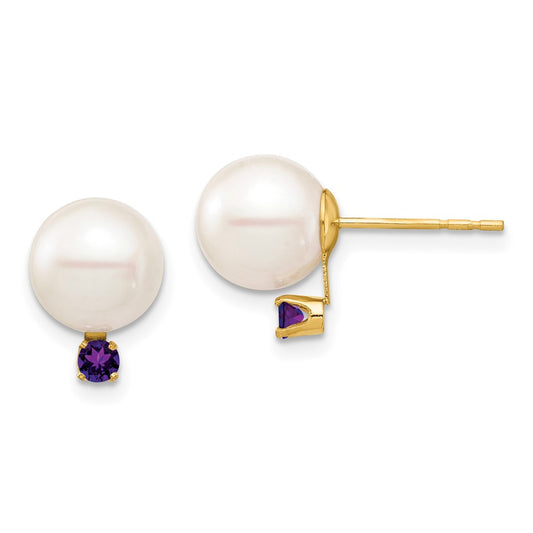 14K Yellow Gold 8 8.5mm White Round Freshwater Cultured Pearl And .14Am Amethyst Post Earrings