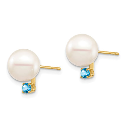 14K Yellow Gold 8 8.5mm White Round Freshwater Cultured Pearl And .18Bt Swiss Blue Topaz Post Earrings