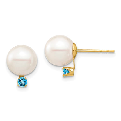 14K Yellow Gold 8 8.5mm White Round Freshwater Cultured Pearl And .18Bt Swiss Blue Topaz Post Earrings