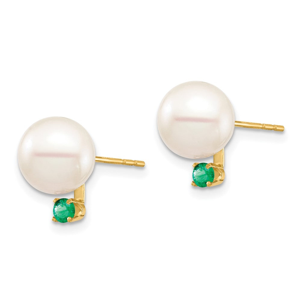 14K Yellow Gold 8 8.5mm White Round Freshwater Cultured Pearl And .18Em Emerald Post Earrings