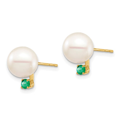 14K Yellow Gold 8 8.5mm White Round Freshwater Cultured Pearl And .18Em Emerald Post Earrings