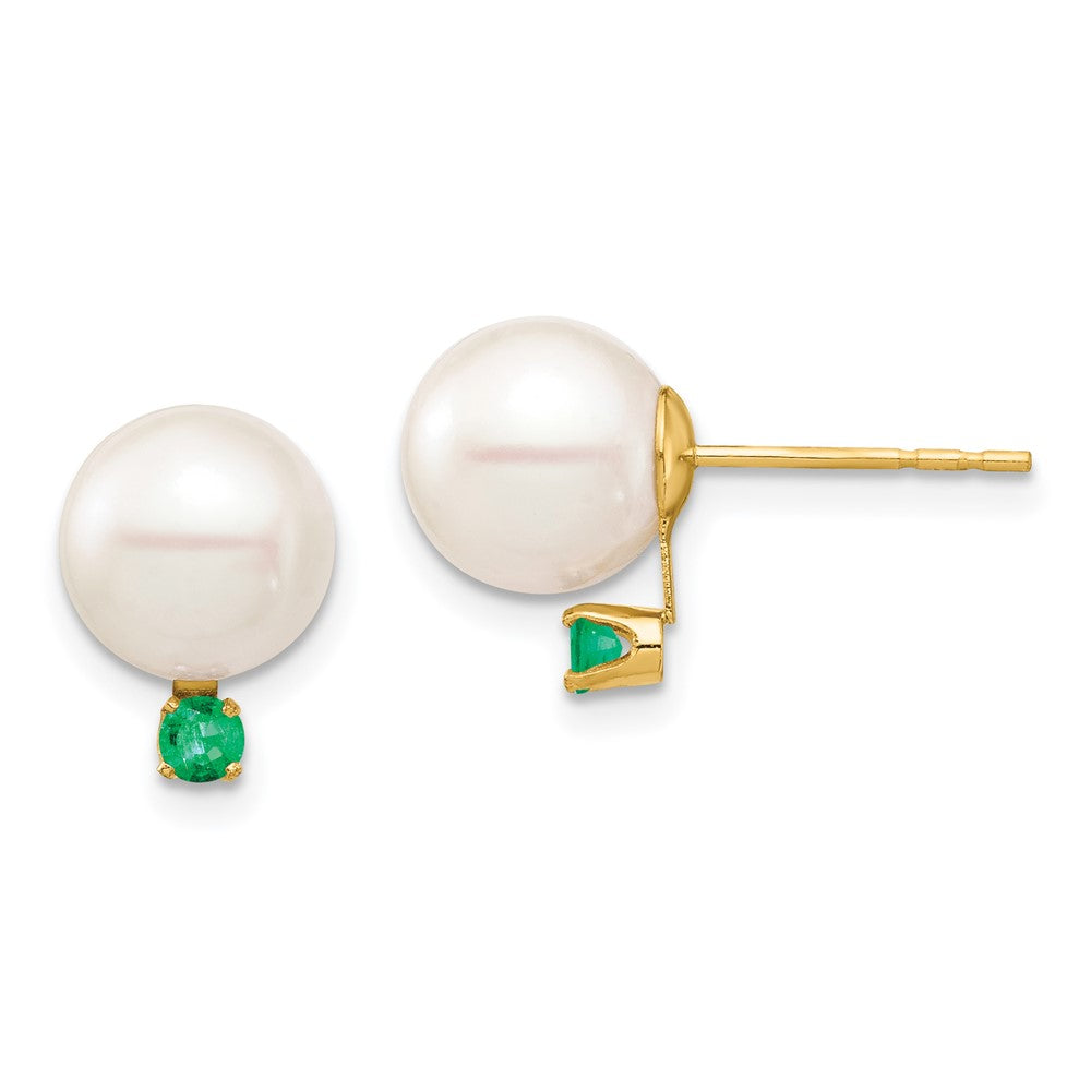 14K Yellow Gold 8 8.5mm White Round Freshwater Cultured Pearl And .18Em Emerald Post Earrings