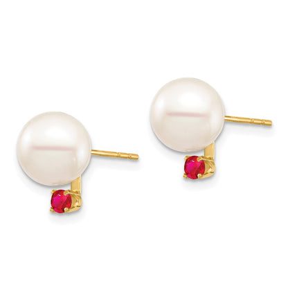 14K Yellow Gold 8 8.5mm White Round Freshwater Cultured Pearl And .18Ru Ruby Post Earrings