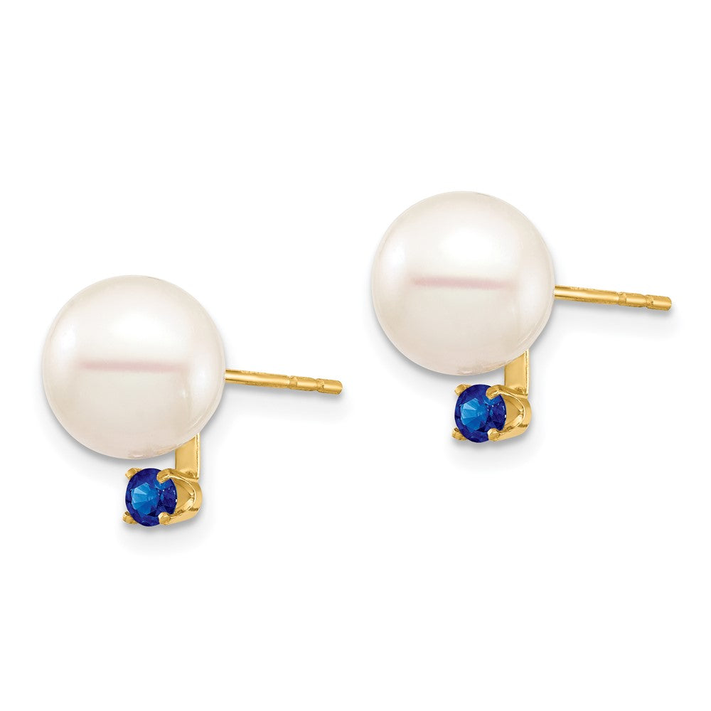 14K Yellow Gold 8 8.5mm White Round Freshwater Cultured Pearl And .18Sa Sapphire Post Earrings
