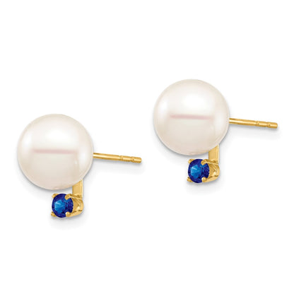 14K Yellow Gold 8 8.5mm White Round Freshwater Cultured Pearl And .18Sa Sapphire Post Earrings