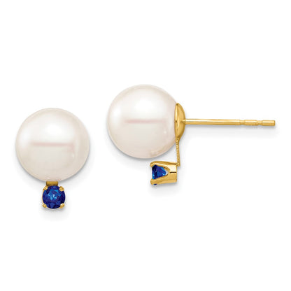 14K Yellow Gold 8 8.5mm White Round Freshwater Cultured Pearl And .18Sa Sapphire Post Earrings