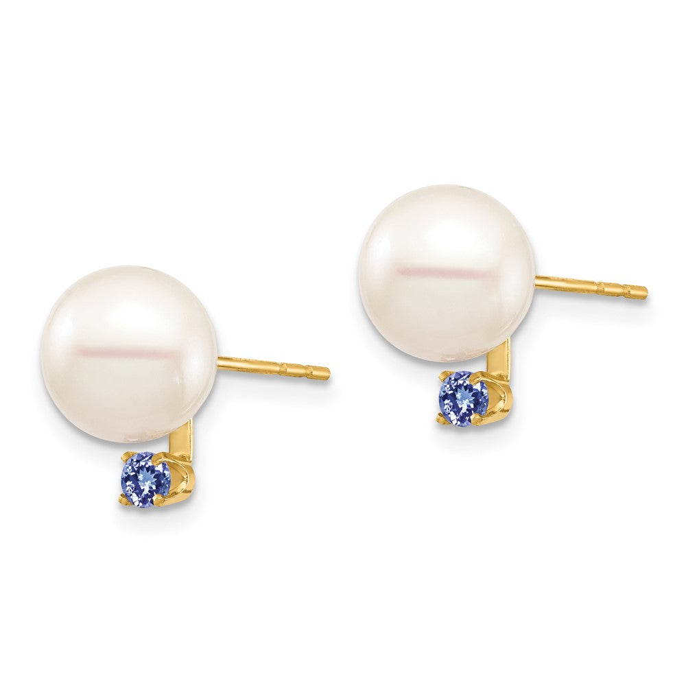 14K Yellow Gold 8 8.5mm White Round Freshwater Cultured Pearl And .14Tz Tanzanite Post Earrings