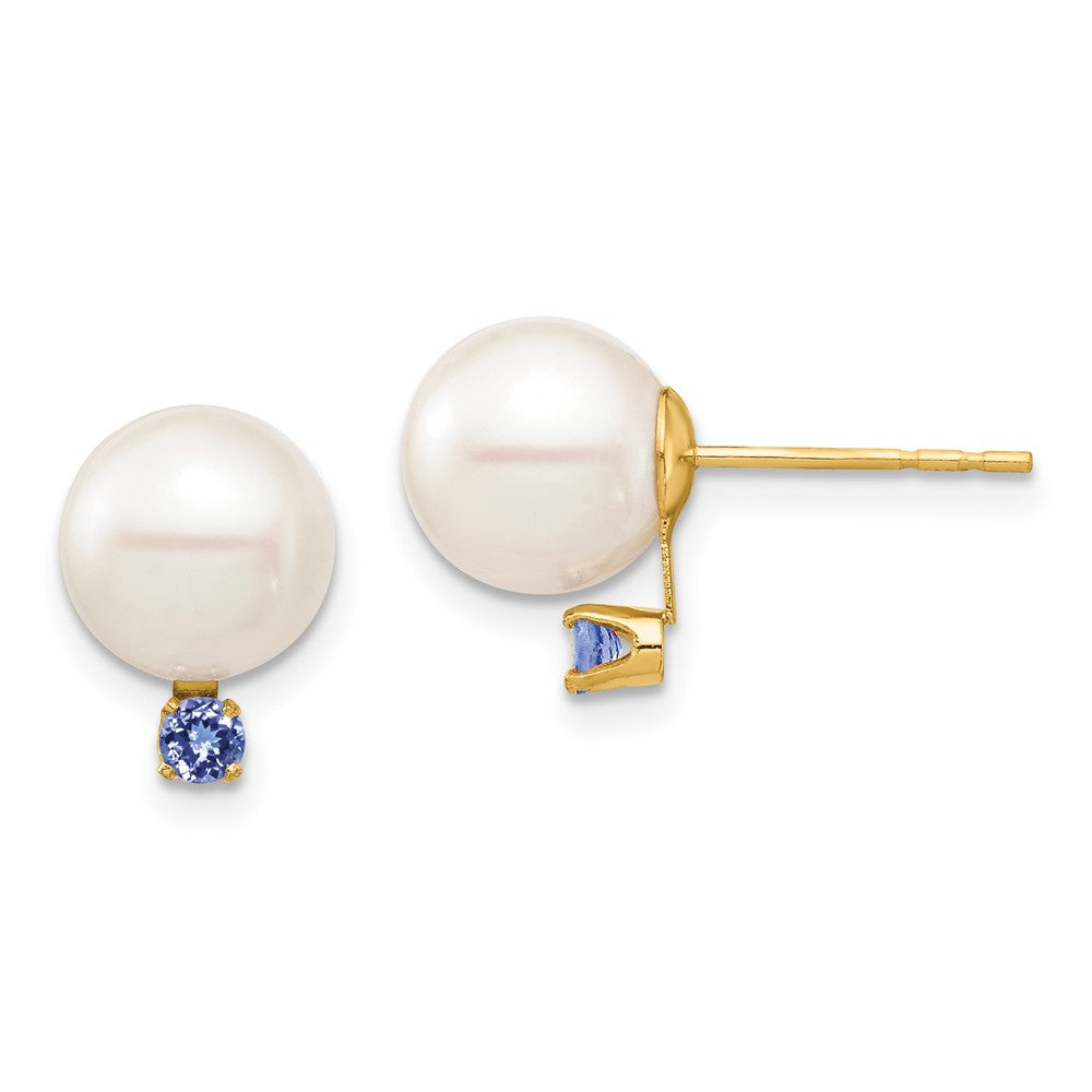 14K Yellow Gold 8 8.5mm White Round Freshwater Cultured Pearl And .14Tz Tanzanite Post Earrings