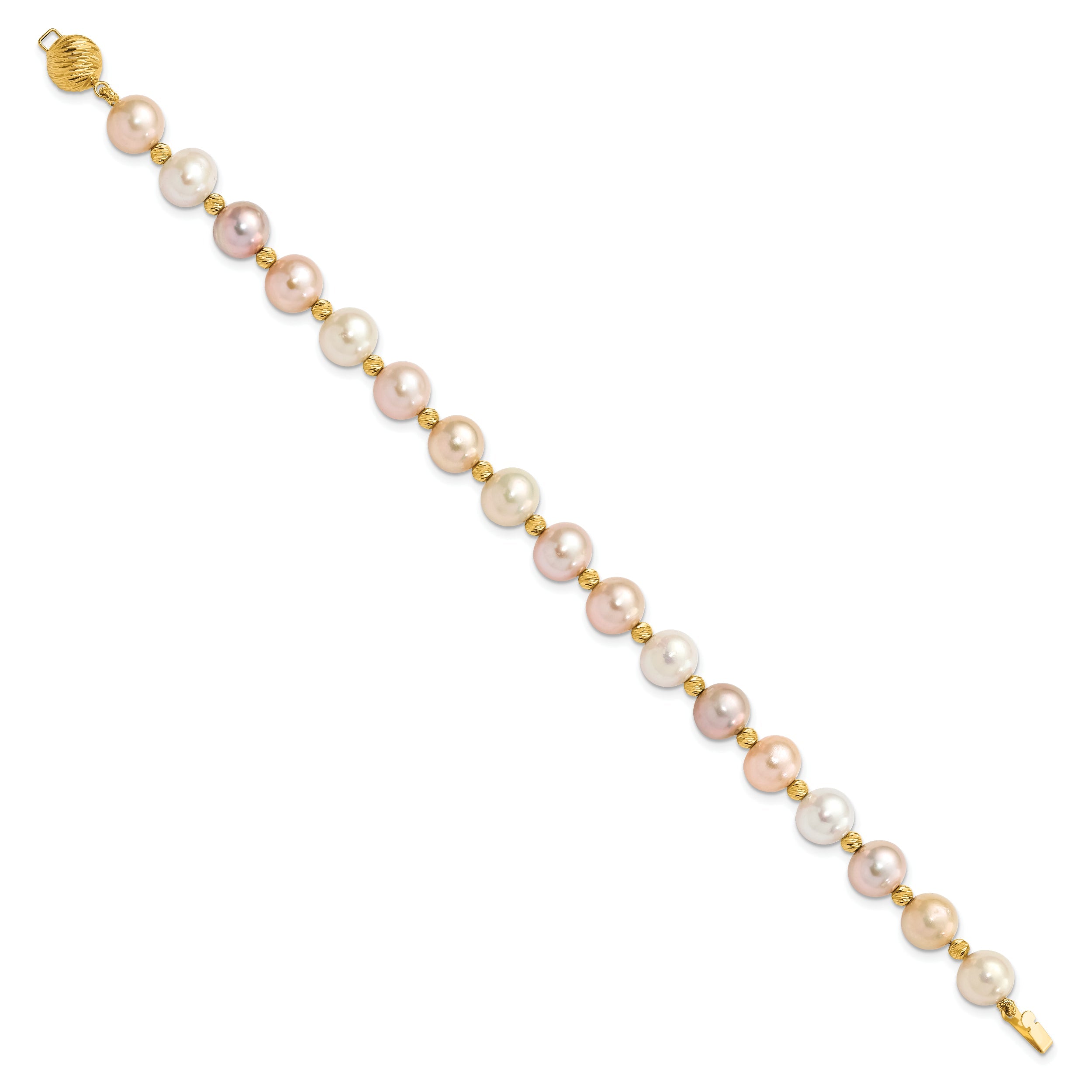 14K Yellow Gold 8 9mm Pink/Purple/White Semi Round Freshwater Cultured Pearl And Diamond Cut Beaded 7.5 Inch Bracelet