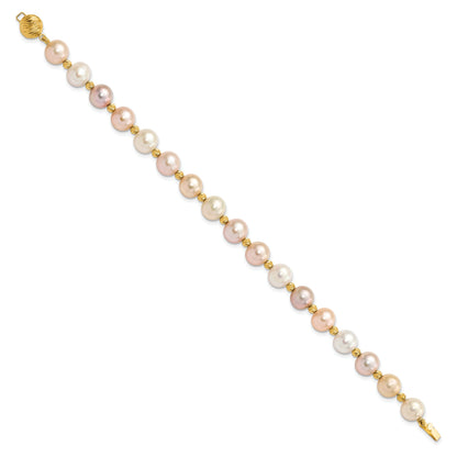 14K Yellow Gold 8 9mm Pink/Purple/White Semi Round Freshwater Cultured Pearl And Diamond Cut Beaded 7.5 Inch Bracelet