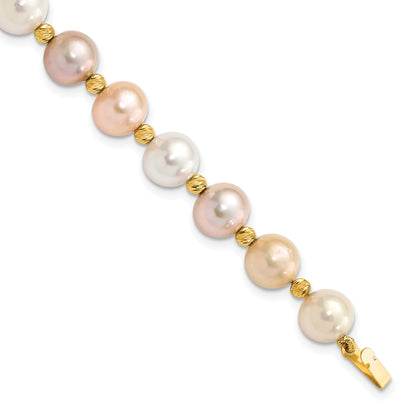 14K Yellow Gold 8 9mm Pink/Purple/White Semi Round Freshwater Cultured Pearl And Diamond Cut Beaded 7.5 Inch Bracelet