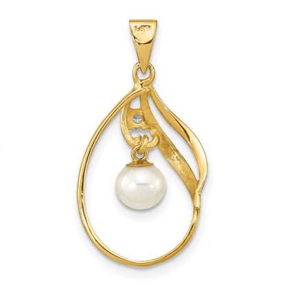 14k Yellow Gold 14k 5-6mm White Round Freshwater Cultured Pearl and .05 Carat Diamond Pendant
