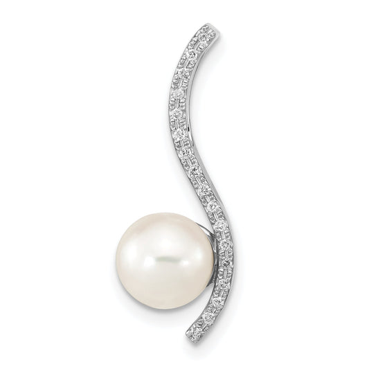 14k White Gold 14k White Gold 7-8mm Round White Akoya Saltwater Cultured Pearl and .06 Carat Diamond Chain Slide