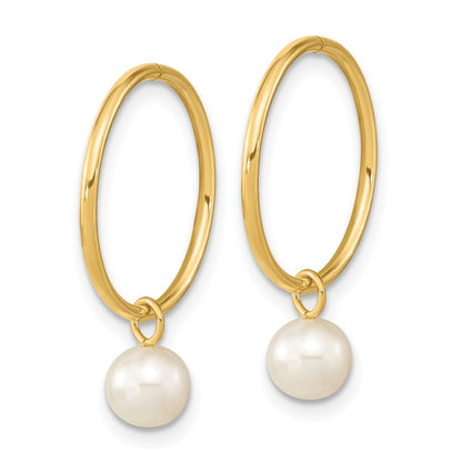 14K Yellow Gold 5 6mm White Round Freshwater Cultured Pearl Dangle Hoop Earrings