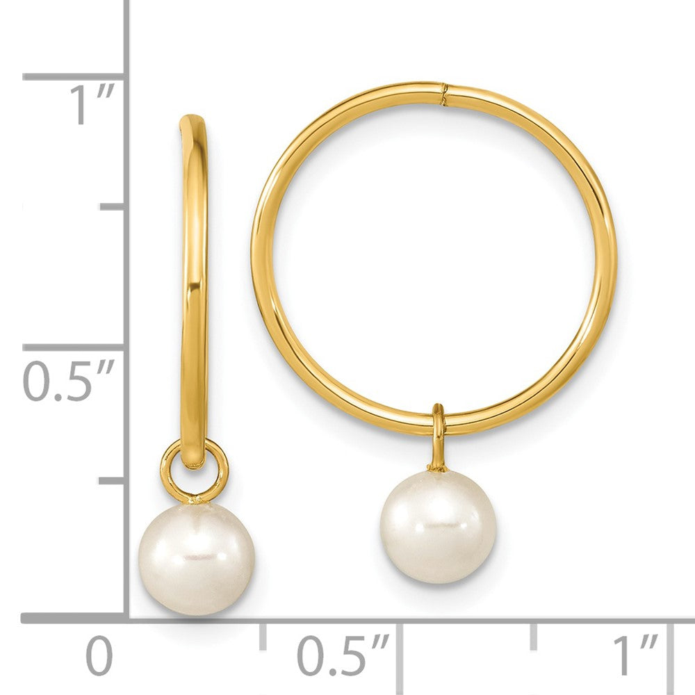 14K Yellow Gold 5 6mm White Round Freshwater Cultured Pearl Dangle Hoop Earrings