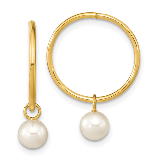 14K Yellow Gold 5 6mm White Round Freshwater Cultured Pearl Dangle Hoop Earrings