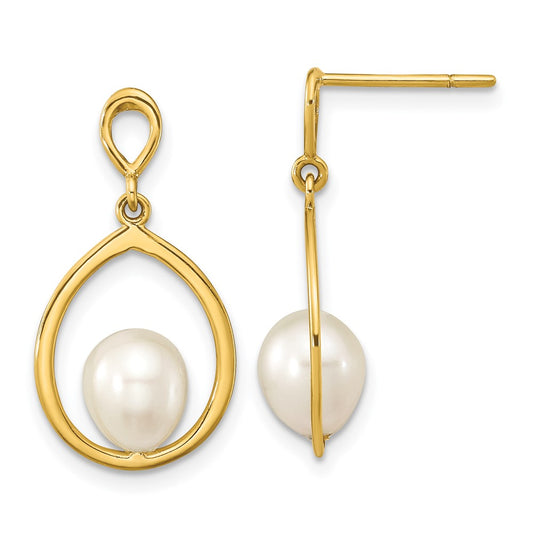 14K Yellow Gold 6 7mm White Teardrop Freshwater Cultured Pearl Post Dangle Earrings
