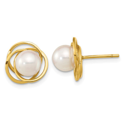 14K Yellow Gold 6 7mm White Round Akoya Saltwater Cultured Pearl Post Earrings
