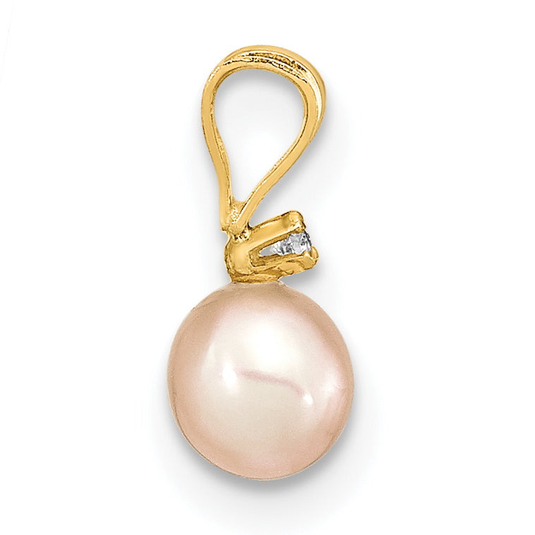 14k Yellow Gold 14K Madi K 4-5mm Rd Pink FWC Pearl .03ct. Diamond Earring and Pendant Set