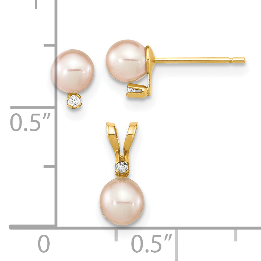 14k Yellow Gold 14K Madi K 4-5mm Rd Pink FWC Pearl .03ct. Diamond Earring and Pendant Set