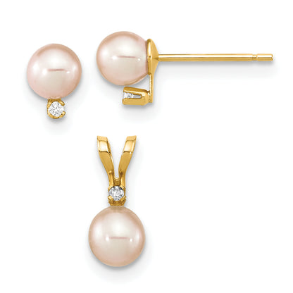 14k Yellow Gold 14K Madi K 4-5mm Rd Pink FWC Pearl .03ct. Diamond Earring and Pendant Set
