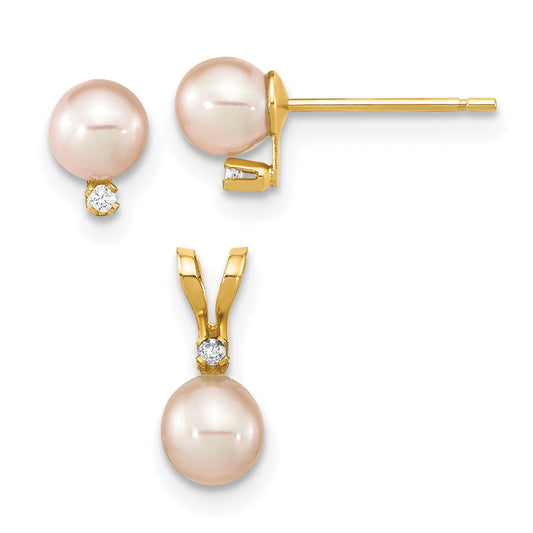14k Yellow Gold 14K Madi K 4-5mm Rd Pink FWC Pearl .03ct. Diamond Earring and Pendant Set