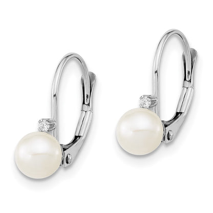 14K White Gold 5 6mm Round Freshwater Cultured Pearl And .02 Carat Diamond Leverback Earrings