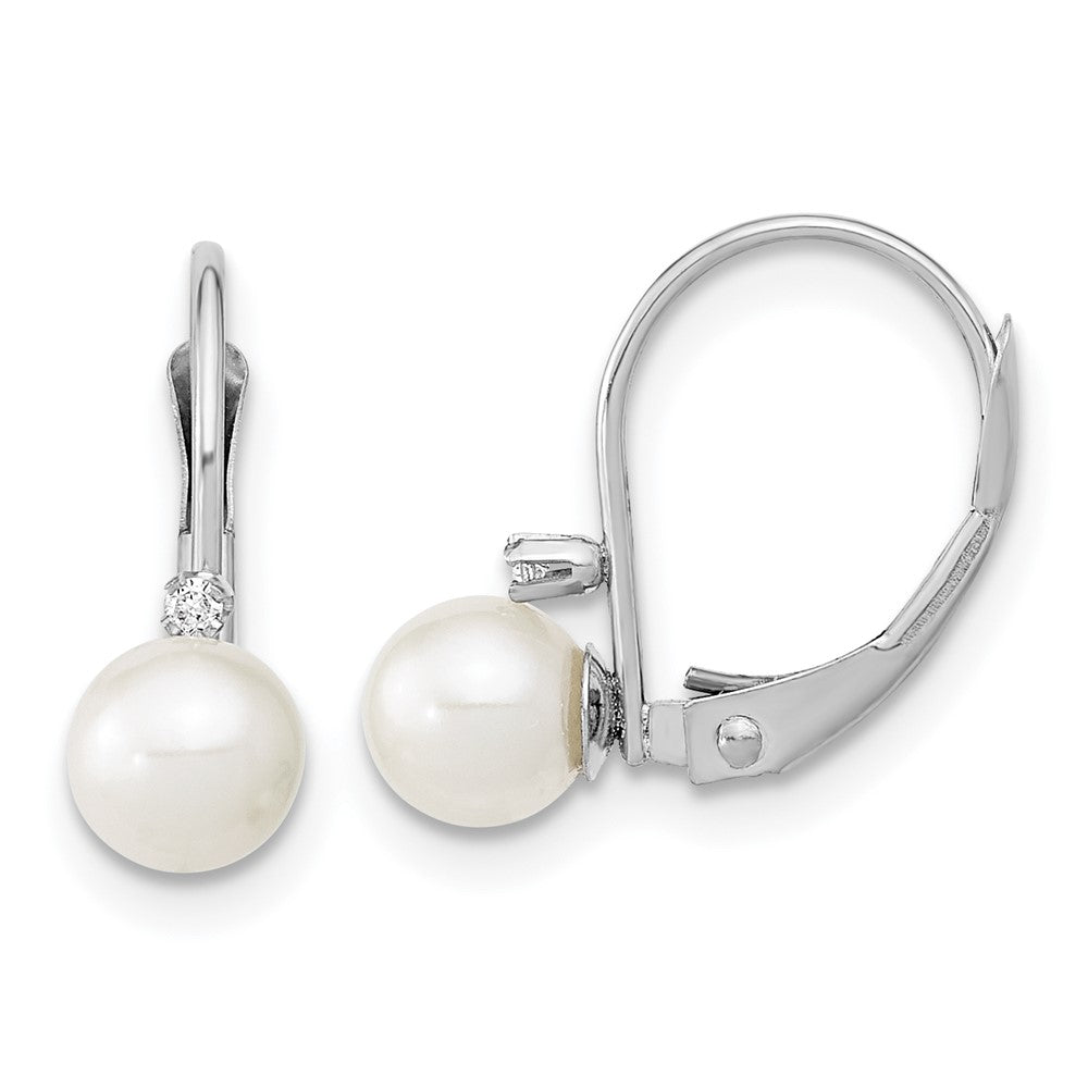 14K White Gold 5 6mm Round Freshwater Cultured Pearl And .02 Carat Diamond Leverback Earrings