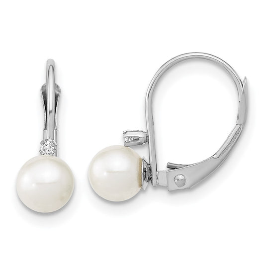 14K White Gold 5 6mm Round Freshwater Cultured Pearl And .02 Carat Diamond Leverback Earrings