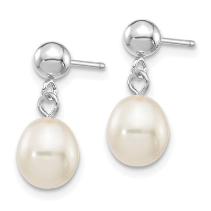 14K White Gold 6 7mm Rice Freshwater Cultured Pearl Post Dangle Earrings