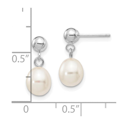 14K White Gold 6 7mm Rice Freshwater Cultured Pearl Post Dangle Earrings