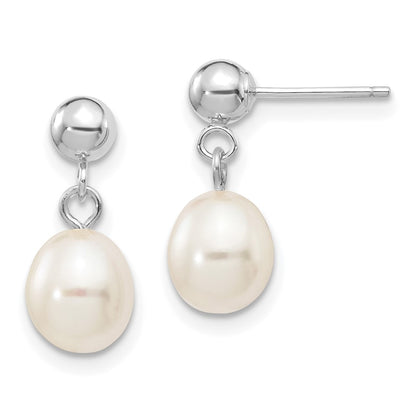 14K White Gold 6 7mm Rice Freshwater Cultured Pearl Post Dangle Earrings