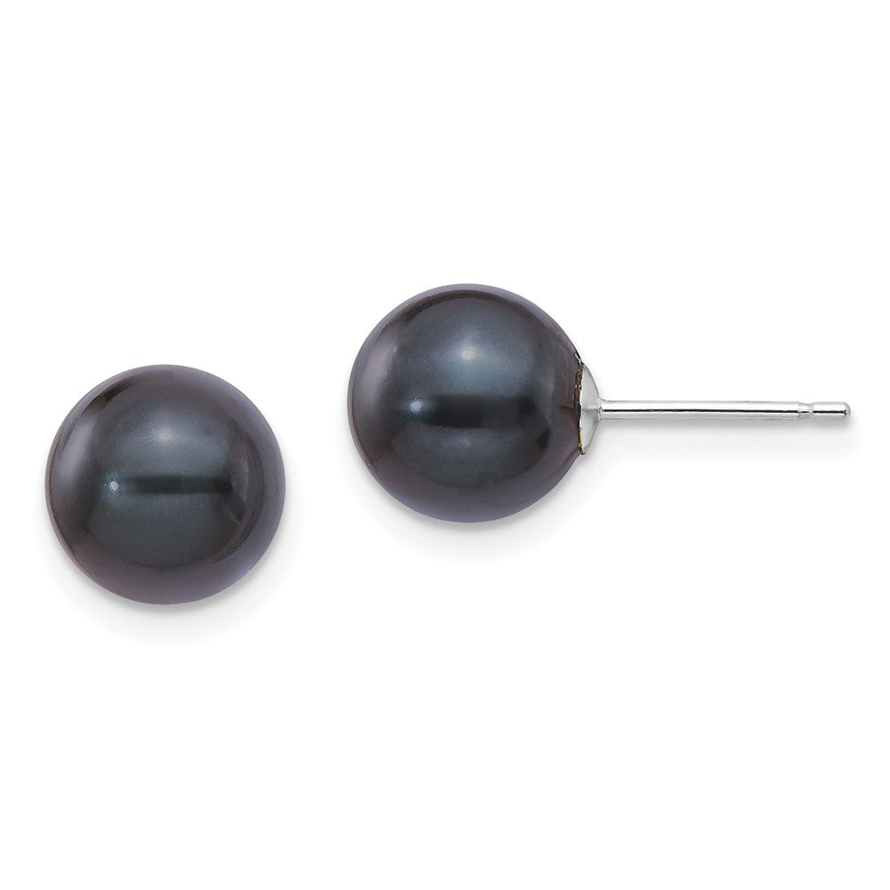 14K White Gold 8 9mm Black Round Akoya Saltwater Cultured Pearl Post Earrings