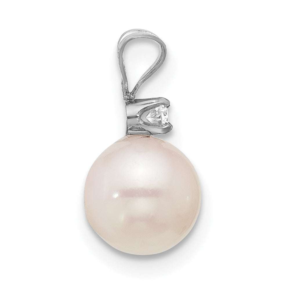 14k White Gold 14k White Gold 7-8mm White Round Akoya Saltwater Cultured Pearl and .05 Carat Diamond Pendant