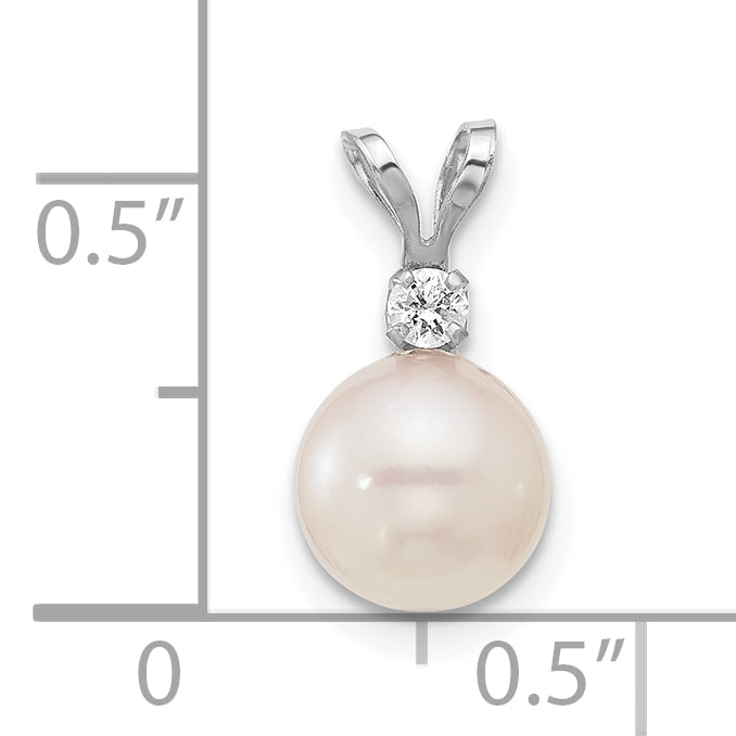 14k White Gold 14k White Gold 7-8mm White Round Akoya Saltwater Cultured Pearl and .05 Carat Diamond Pendant