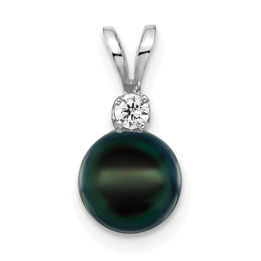 14k White Gold 14k White Gold 7-8mm Black Round Akoya Saltwater Cultured Pearl and 1/20 Carat Diamond Pendant