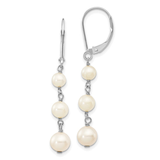 14K White Gold 4 6mm Semi Round Freshwater Cultured Pearl Dangle Leverback Earrings
